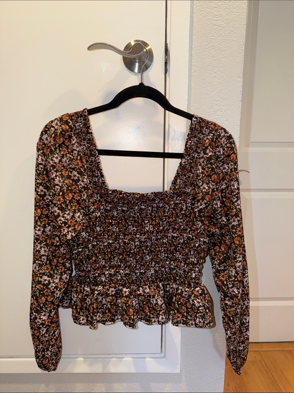 Black Floral Smocked Square-Neck Top